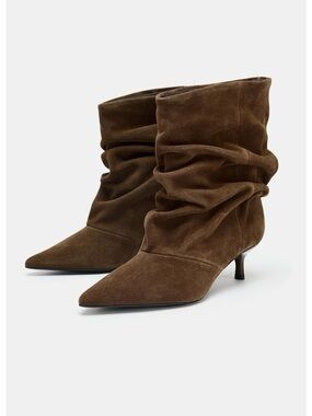 NWOT Never Worn Zara Chocolate Brown Suede Slouch Kitten Heel Boots